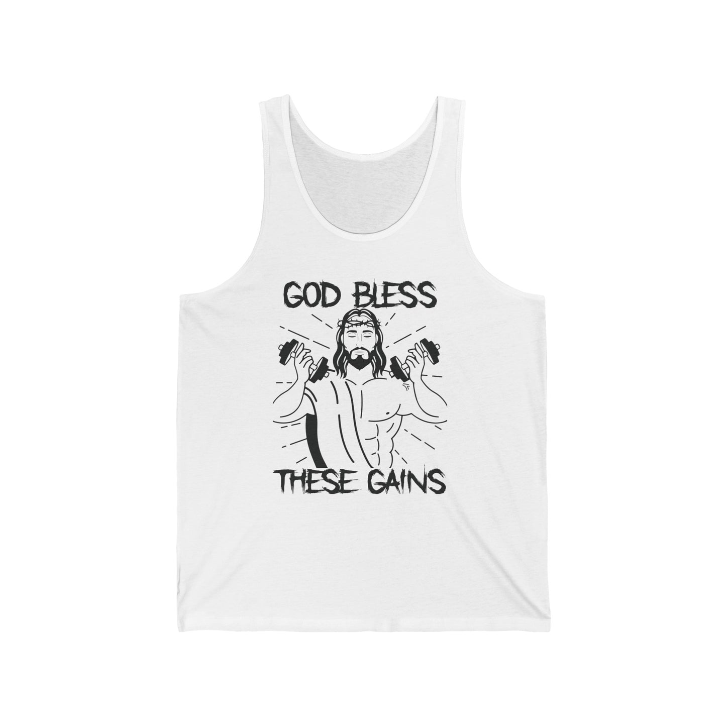 God Bless These Gains Workout Tank Top - Ripped Jesus Gym Muscle Sleeveless Shirt -  Funny Religious Fitness White Tank For Men Women