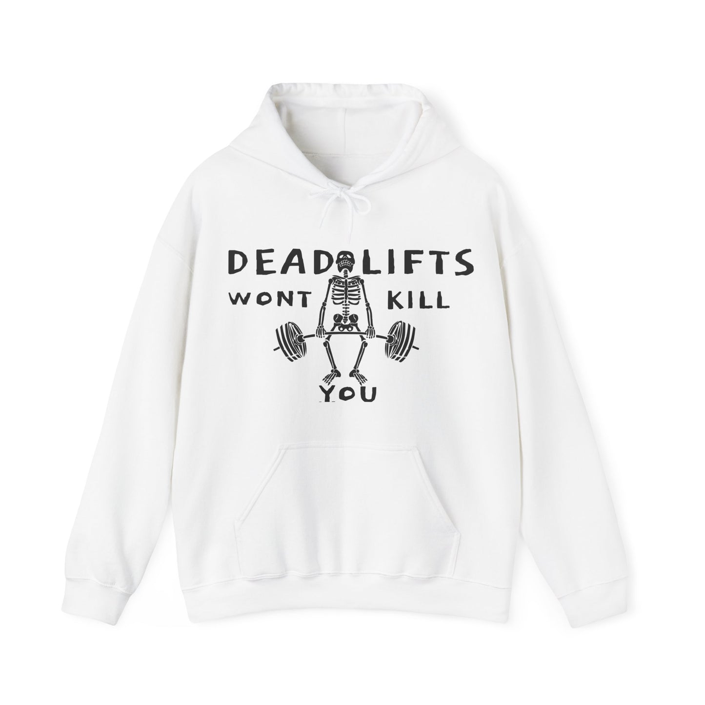 Deadlifts Wont Kill You Workout Jacked Skeleton Weight Lifting Funny White Long Sleeve Unisex Gym Humor Happy Halloween Spooky Season Hoodie